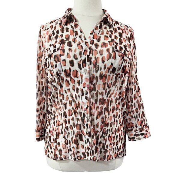Chico's Maroon Cream Abstract Animal Print Sheer Mesh Button-Up Shirt - Picture 1 of 8